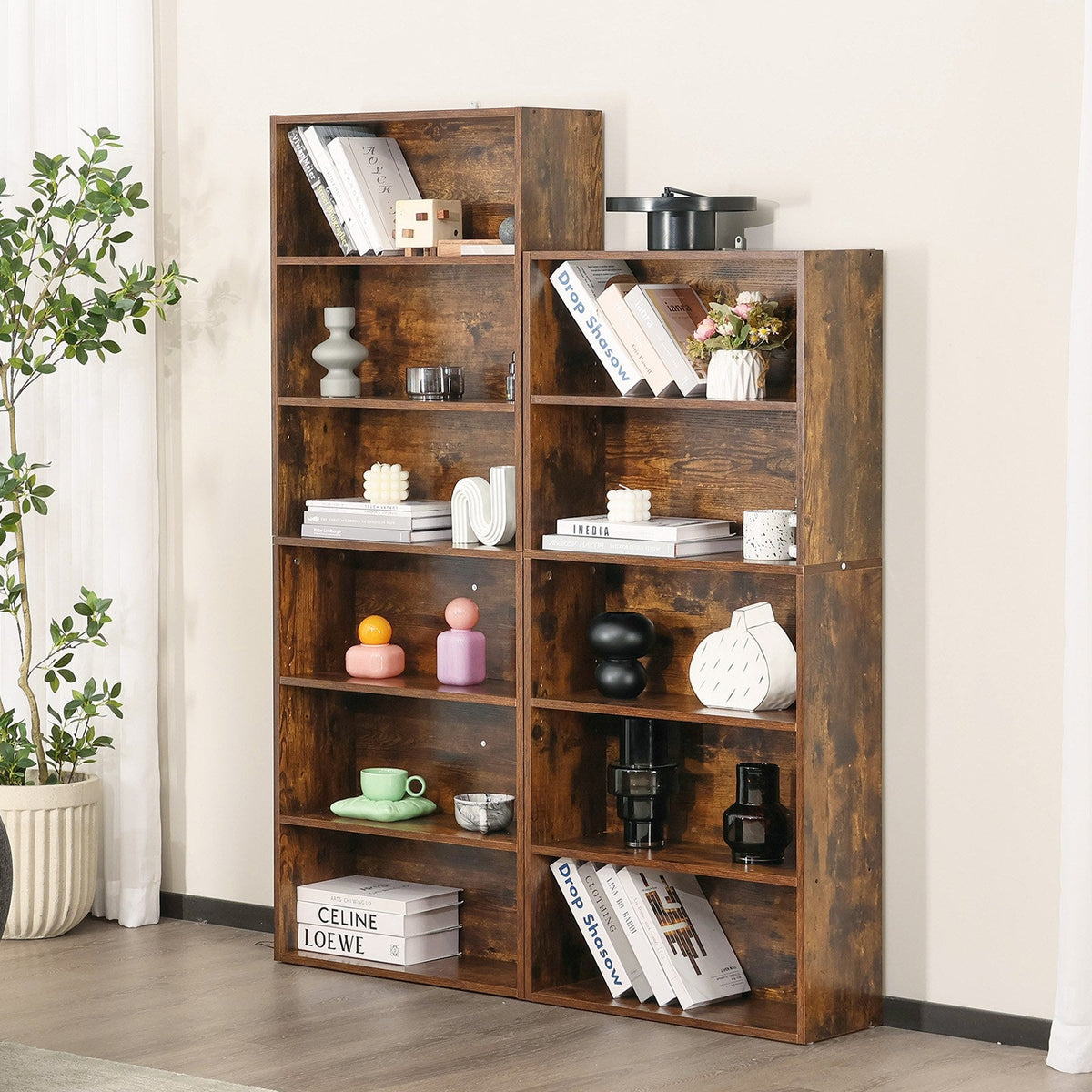 Artisan 6-Tier Open Bookshelf — 63" Tall, Warm Wood