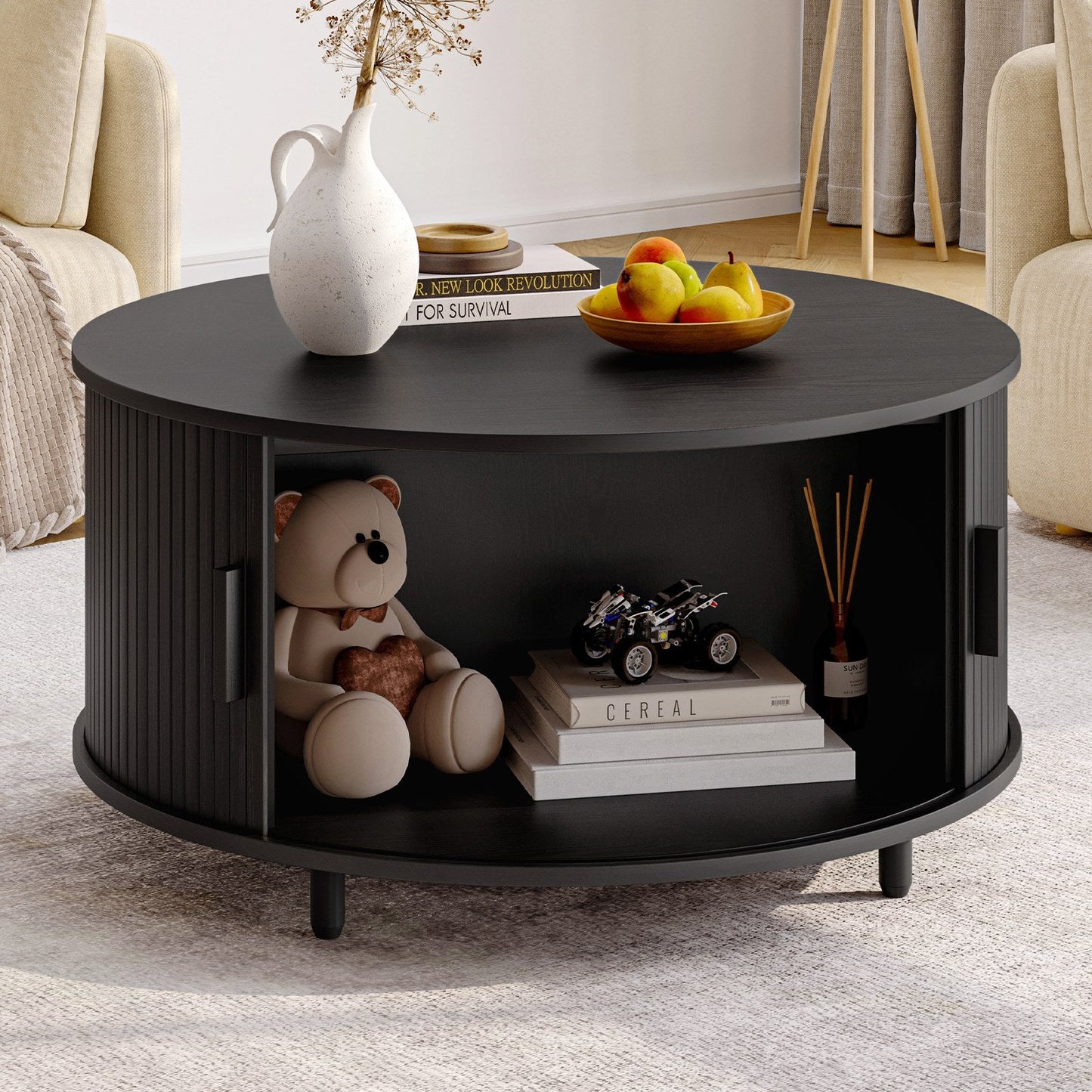 Round Drum Storage Coffee Table — 31.5" Sliding-Door Chic