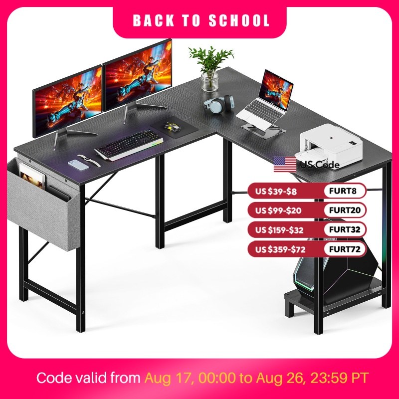 Corner Home Office Desk — 50" L-Shape with CPU Shelf