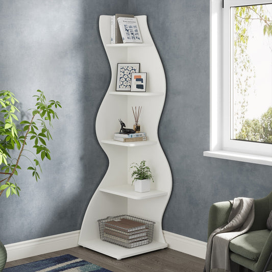 Corner 5-Tier Bookshelf — Modern Wavy Wall Bookcase