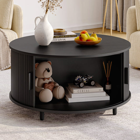 Round Drum Storage Coffee Table — 31.5" Sliding-Door Chic