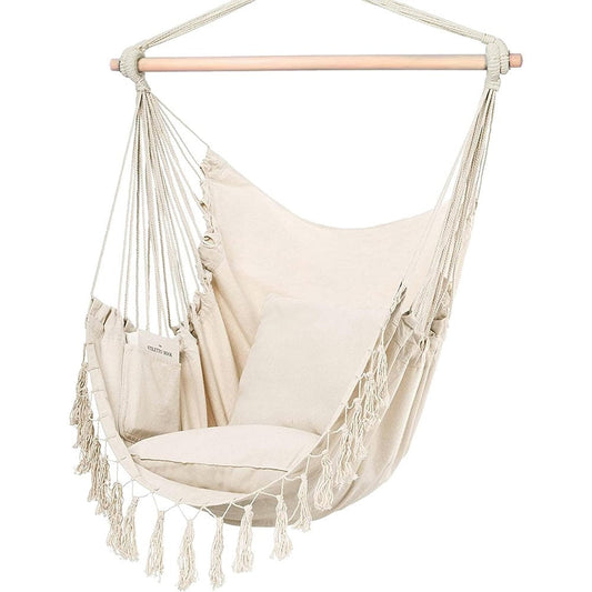 Macramé Hanging Chair — 500 lb, With Two Cushion Pillows